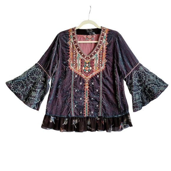 John Mark Womens Embroidered Tunic Top Medium Bell Peasant Velvet Flutter Ruffle - Picture 1 of 12